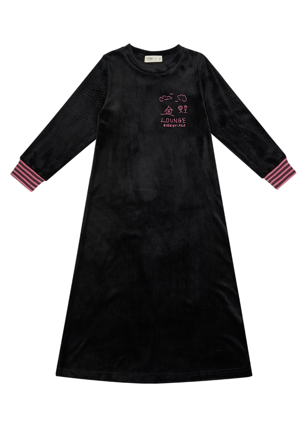 Mauve velour lounge nightgown with striped cuffs and a graphic detail on the front