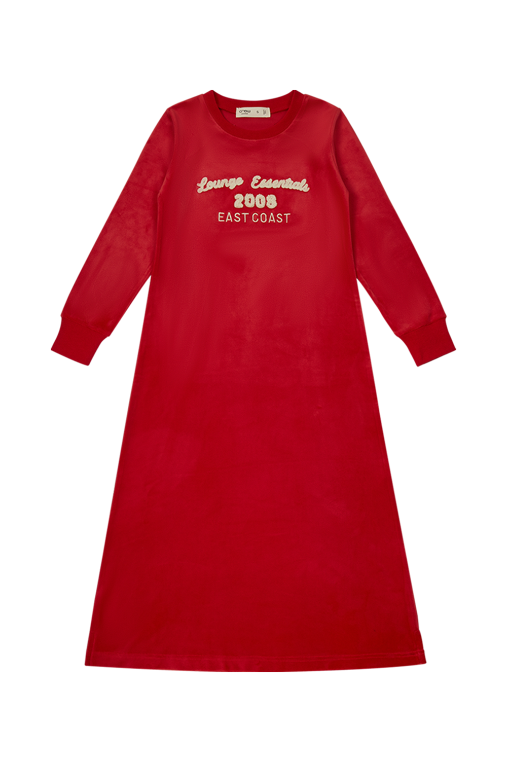 Coral velour nightgown with puffy "Lounge Essentials" print on the front