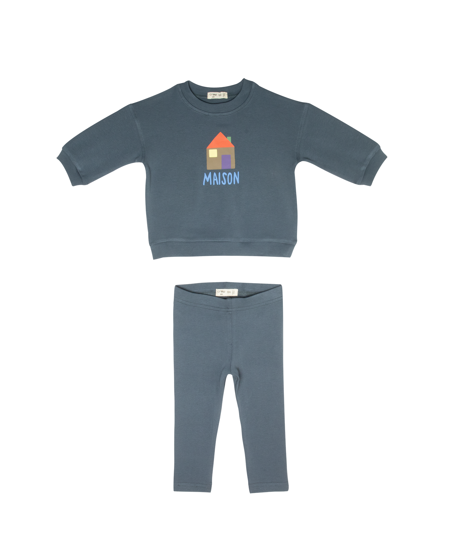 Two-piece sage baby set with graphic print crewneck sweatshirt and matching footed leggings