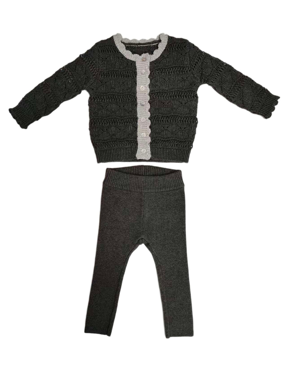 Two-piece baby set in charcoal with textured knit top, collar and buttons, and matching leggings