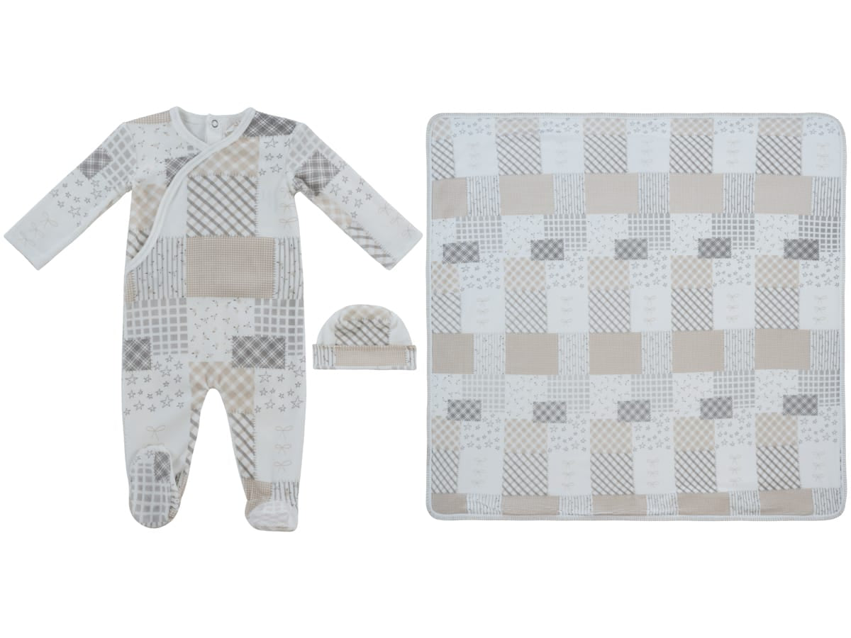 Patchwork Footie, Hat & Blanket Set - Stone by KIPP™ Collection