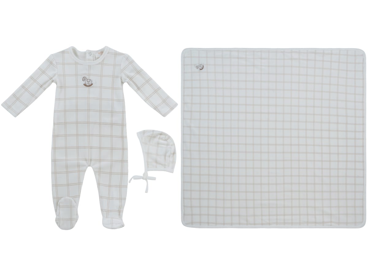 Whinny Plaid Footie, Hat & Blanket Set - Stone by KIPP™ Collection
