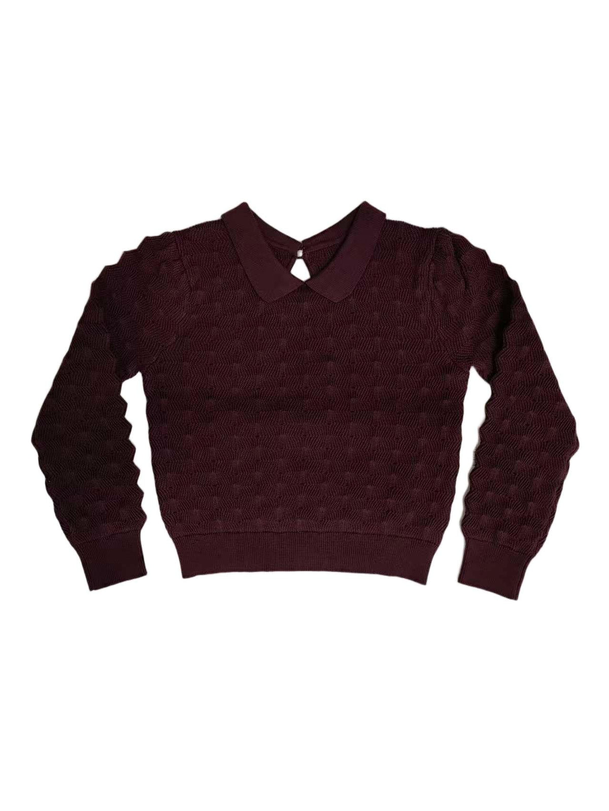 Cranberry red collared textured knit baby sweater with back button closure