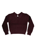 Cranberry red collared textured knit baby sweater with back button closure