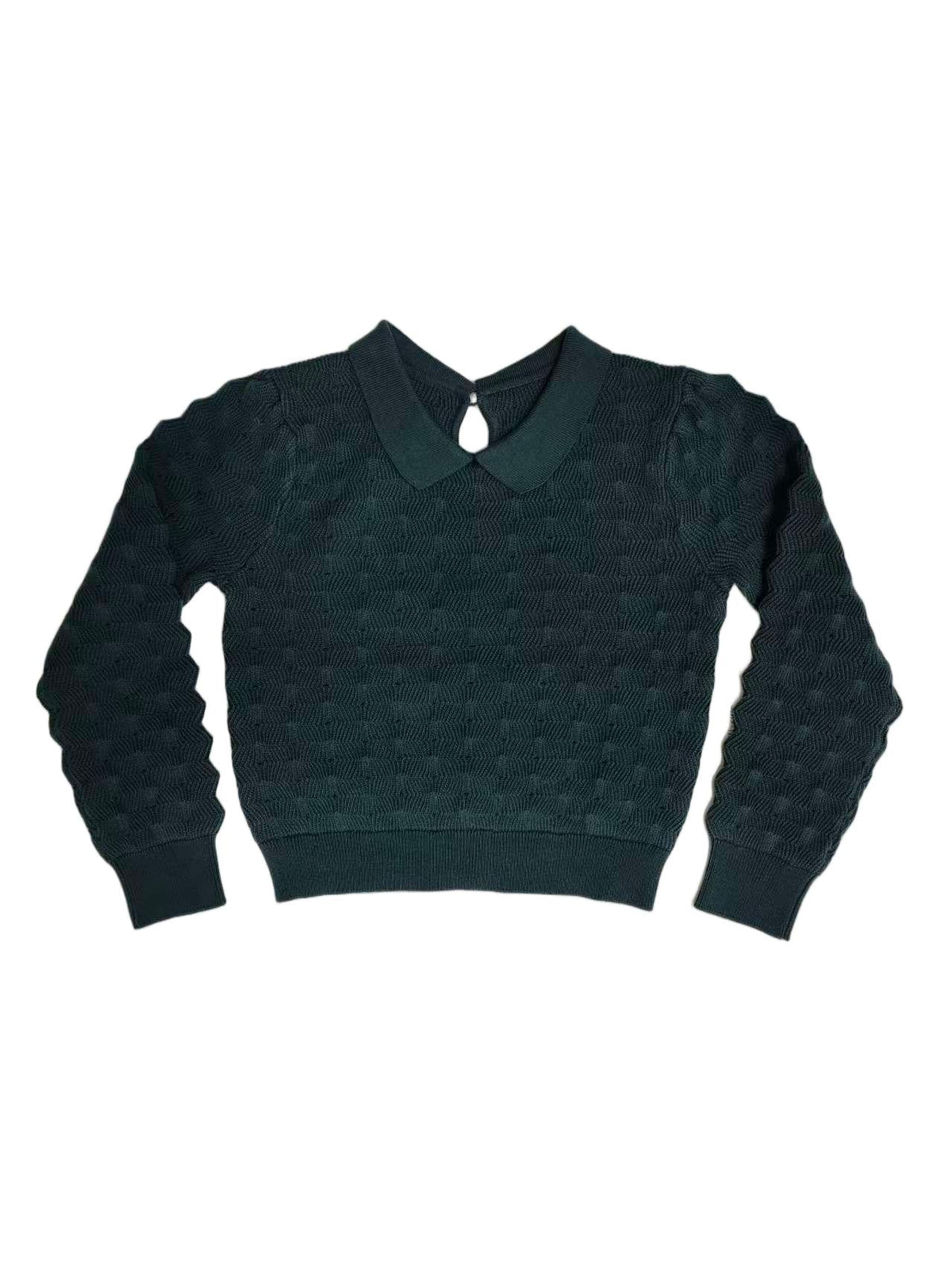 Emerald green textured collared knit sweater with a back button closure