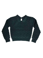 Emerald green textured collared knit sweater with a back button closure
