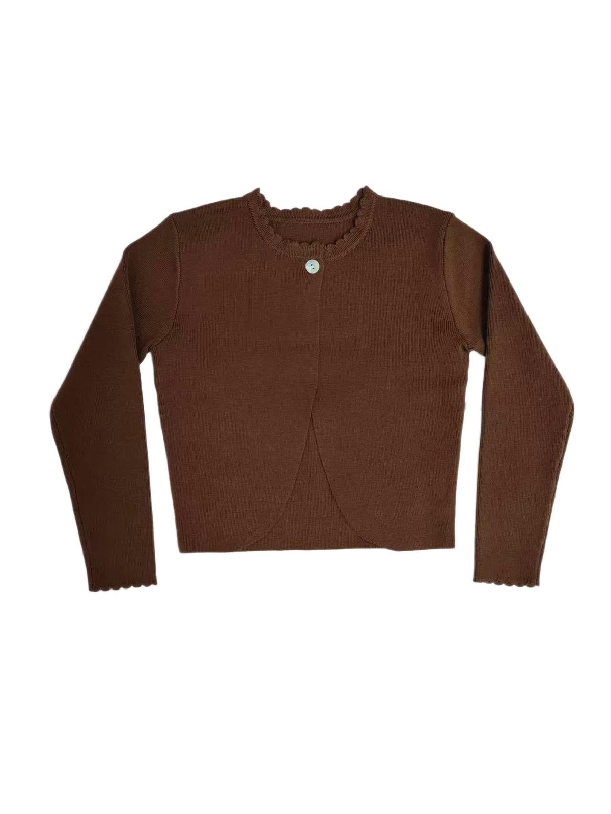 Chestnut cardigan with scalloped edge detail and front button closure