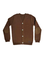 Chestnut brown knit cardigan with front buttons, elbow patches, and small embroidered logo