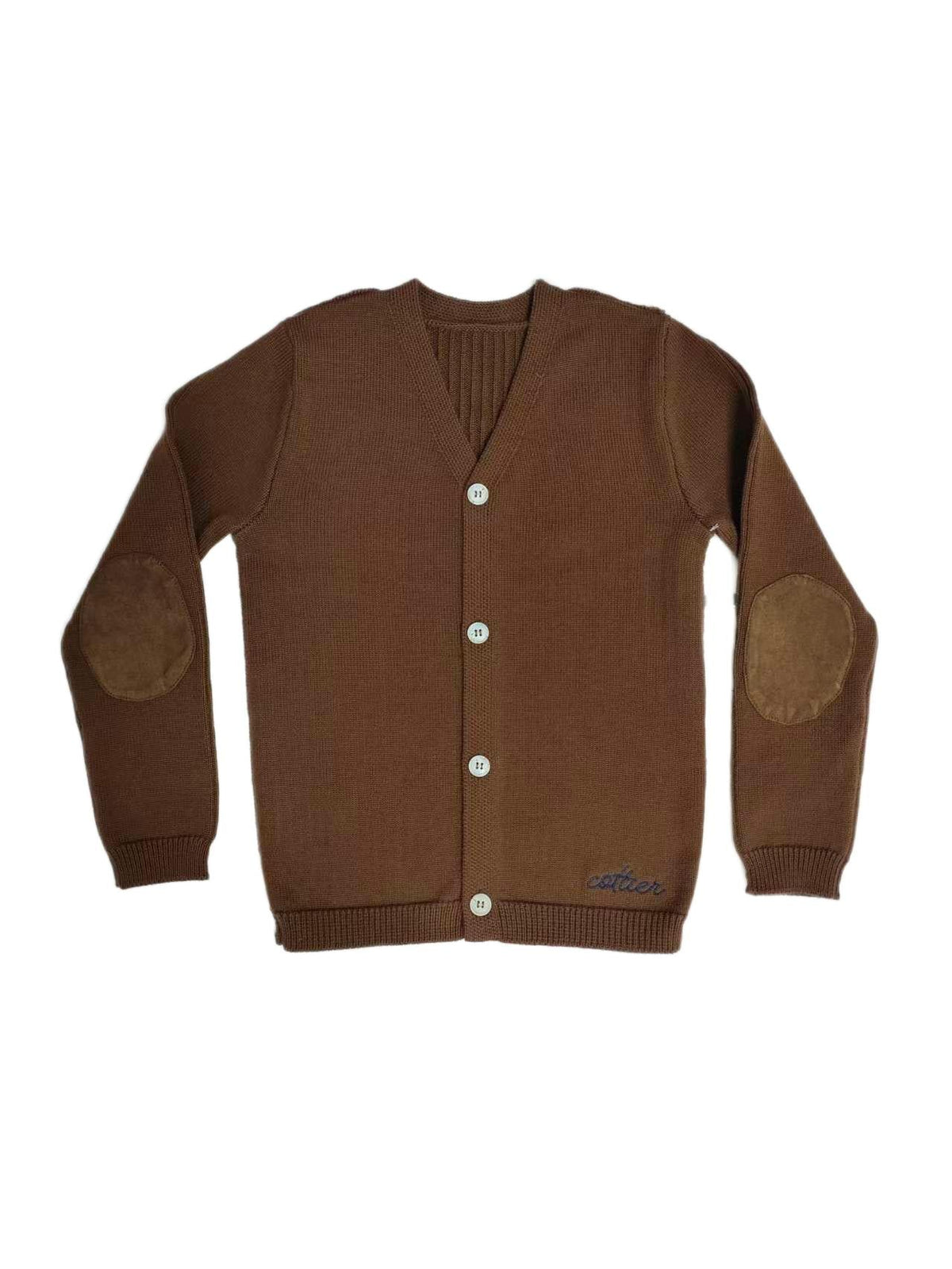 Chestnut brown knit cardigan with front buttons, elbow patches, and small embroidered logo