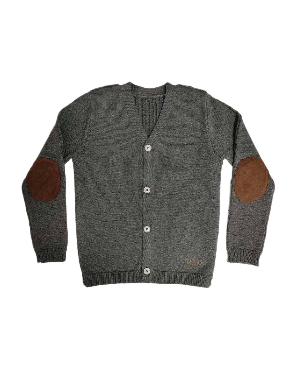 Grey knit baby cardigan with front buttons, elbow patches, and an embroidered logo detail