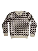 Brown crewneck sweater with a horse print intarsia design