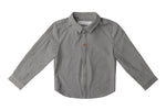 Grey striped button-up boys shirt with a small embroidered logo detail