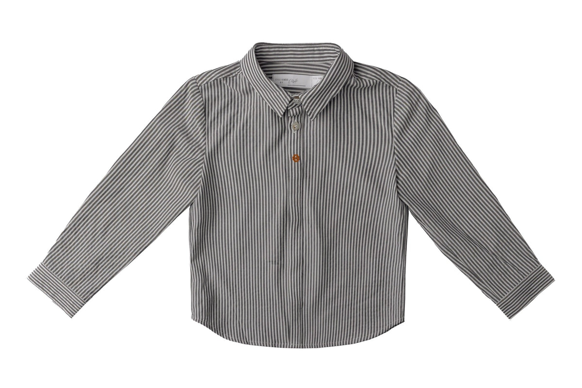 Grey striped button-up boys shirt with a small embroidered logo detail