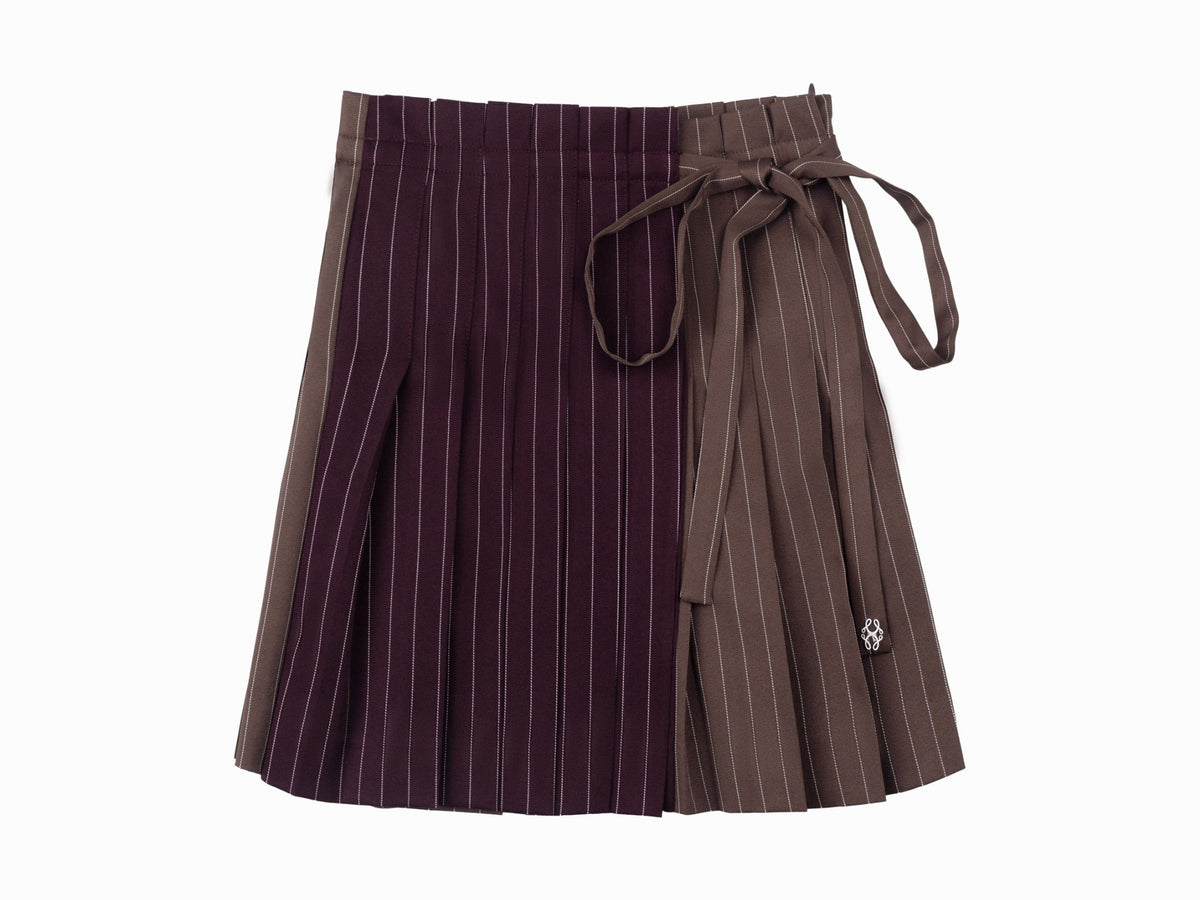 Maroon pinstripe wrap skirt with contrast detail and a small pearlized logo