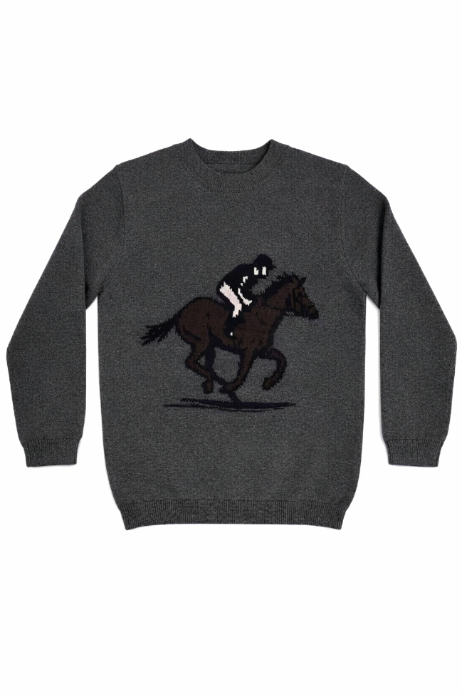 Grey lightweight crewneck sweater with an equestrian intarsia design on the front