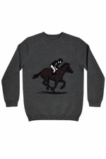 Grey lightweight crewneck sweater with an equestrian intarsia design on the front