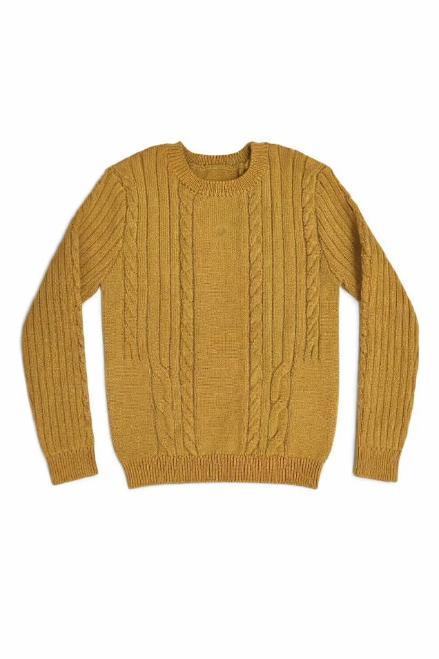 Mustard yellow cable knit crewneck sweater with a small embroidered logo on the front
