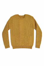 Mustard yellow cable knit crewneck sweater with a small embroidered logo on the front
