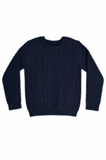 Navy cable knit crewneck sweater with a small embroidered logo on the front