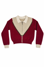 Crimson knit zip-up cardigan with a collar and full front zipper