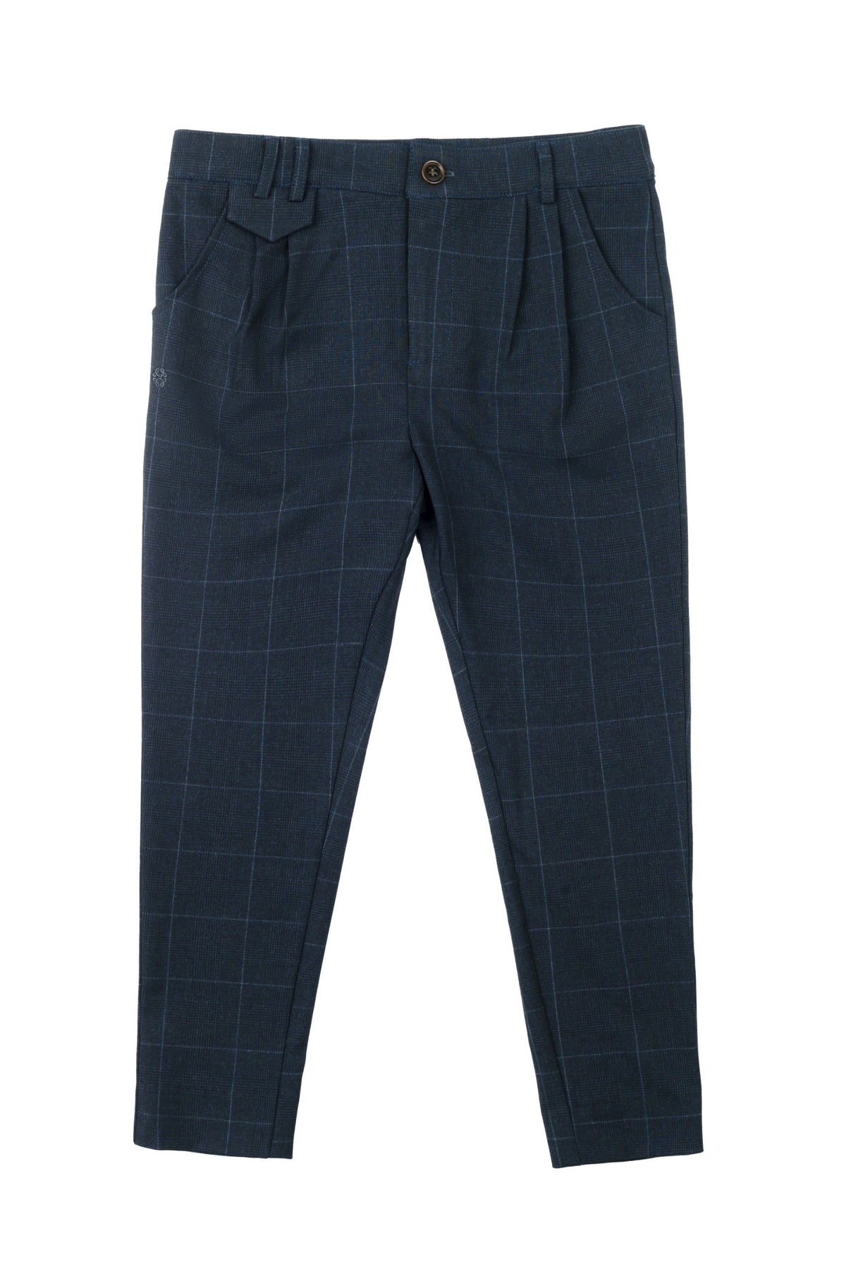 Navy tartan slim stretch pants with a front tab detail
