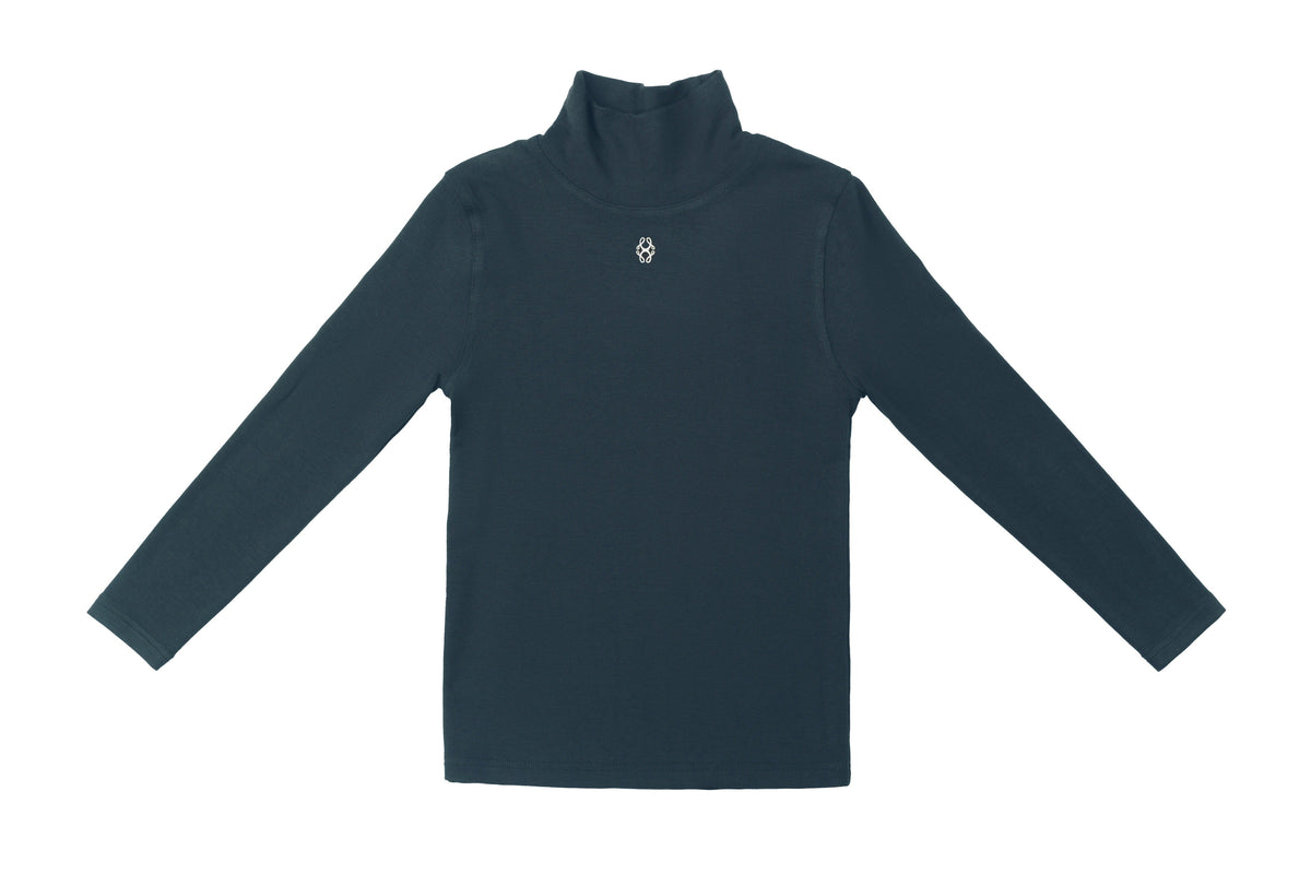 Navy long sleeve turtleneck top with a small pearlized logo detail on the front