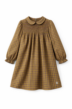 Printed multi-colored dress with a collar, front smocking, and ruffle sleeve detail