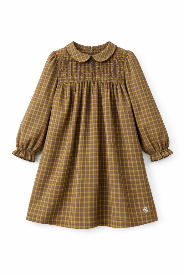 Printed multi-colored dress with a collar, front smocking, and ruffle sleeve detail