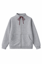 Grey zip-up sweatshirt with a high collar, tie bow at the neck, logo detail, and front pockets