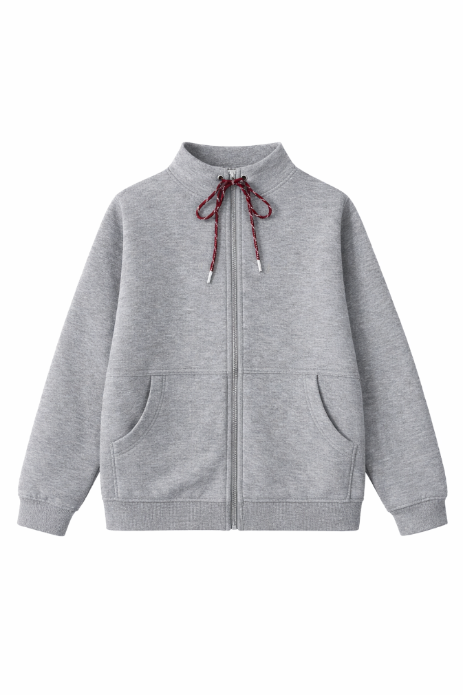 Grey zip-up sweatshirt with a high collar, tie bow at the neck, logo detail, and front pockets