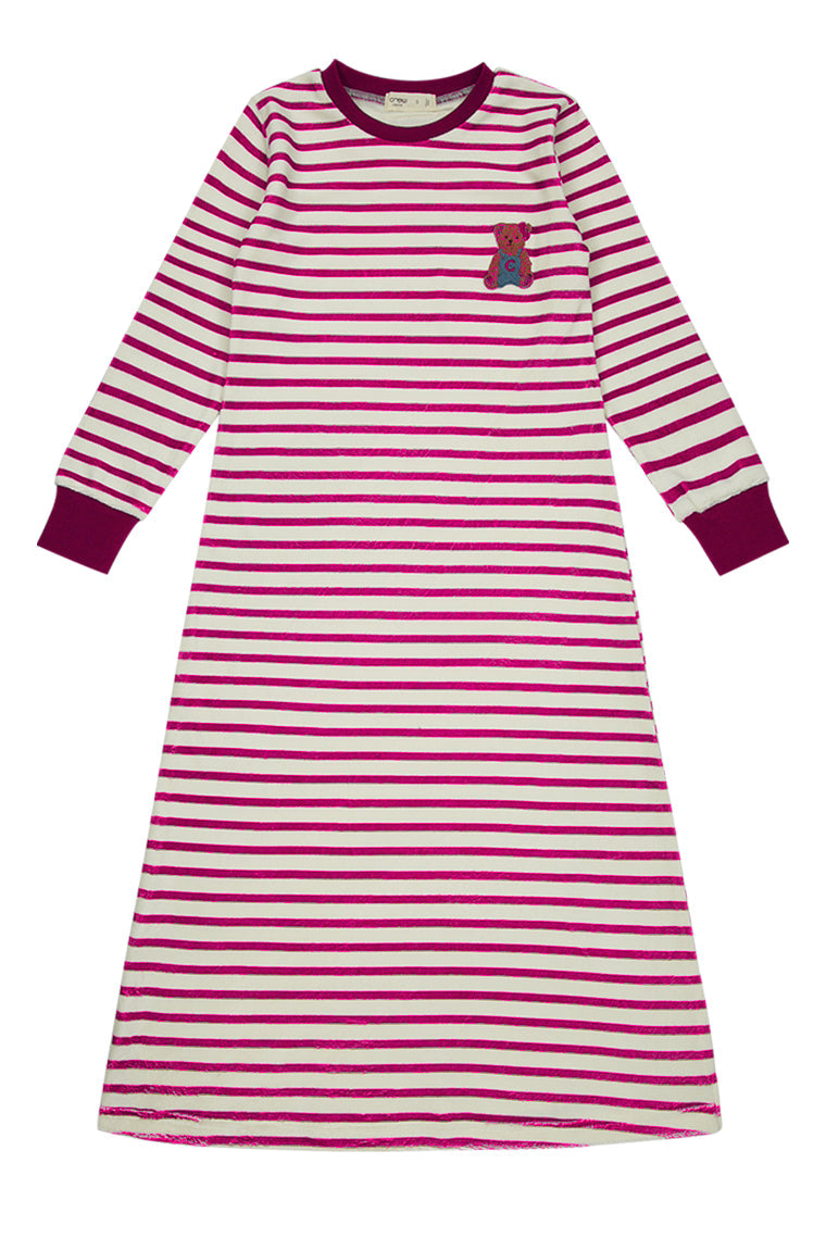 Pink striped velour nightgown with a fuzzy teddy bear embroidery on the chest