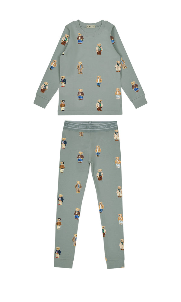 Baby lounge set with jade crewneck top and matching pants in a fall bear print with waistband detail