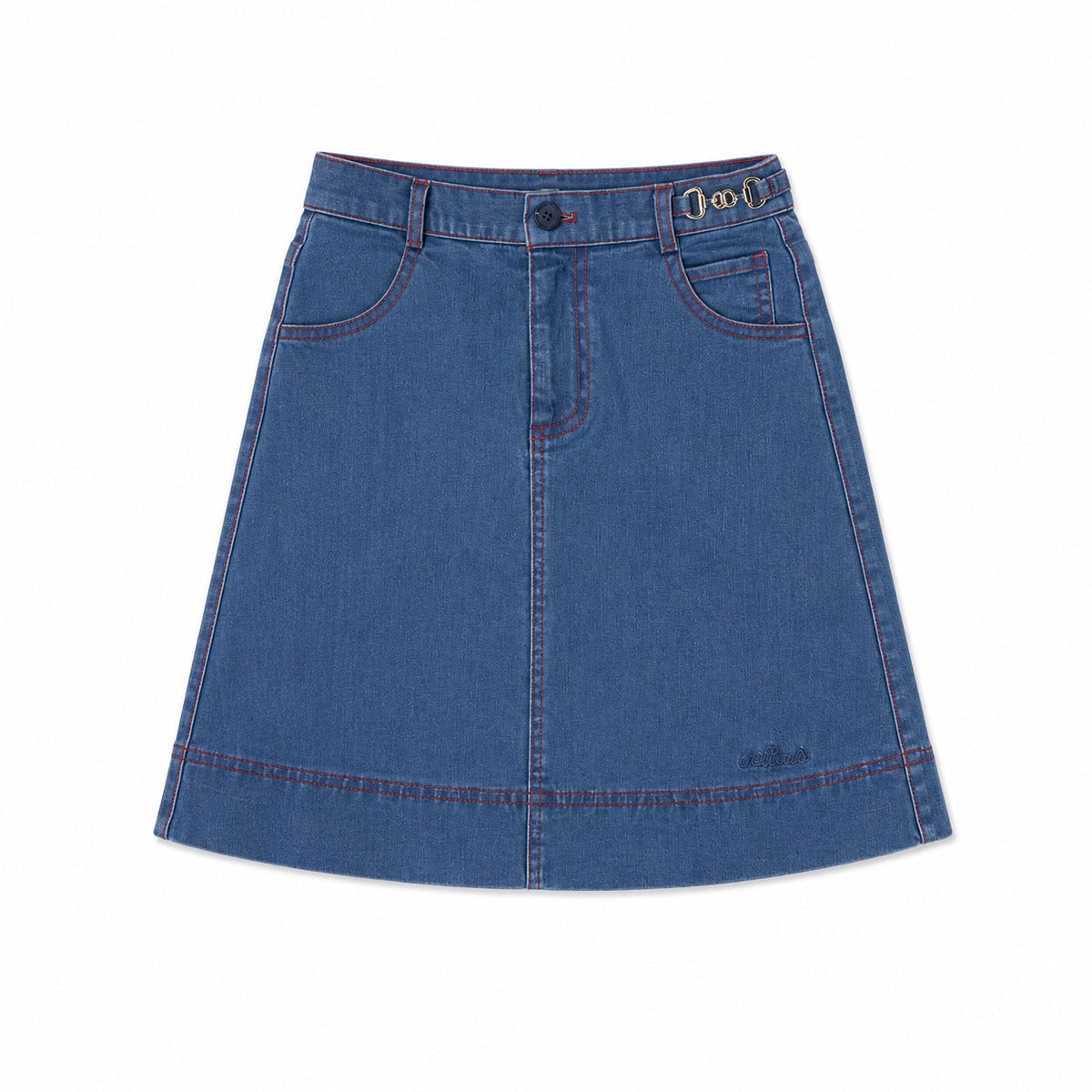 Blue denim skirt with red contrast stitching along the seams, front horsebit detail, and side pockets