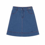 Blue denim skirt with red contrast stitching along the seams, front horsebit detail, and side pockets