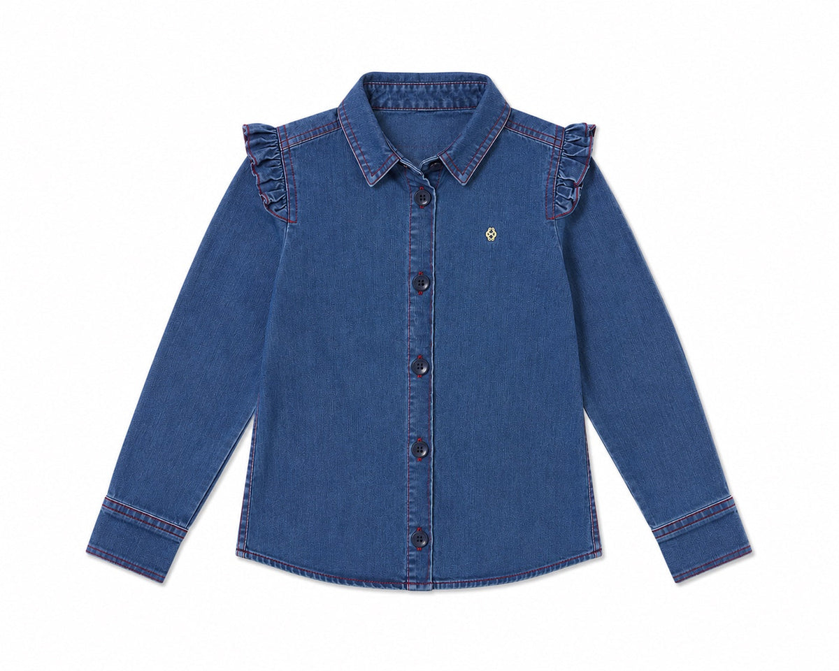 Blue denim button-up shirt with ruffle detail along the front and small embroidered logo accent
