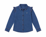 Blue denim button-up shirt with ruffle detail along the front and small embroidered logo accent