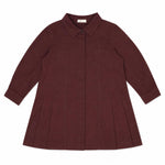 Maroon denim dress with snap front closure and a matching removable belt at the waist