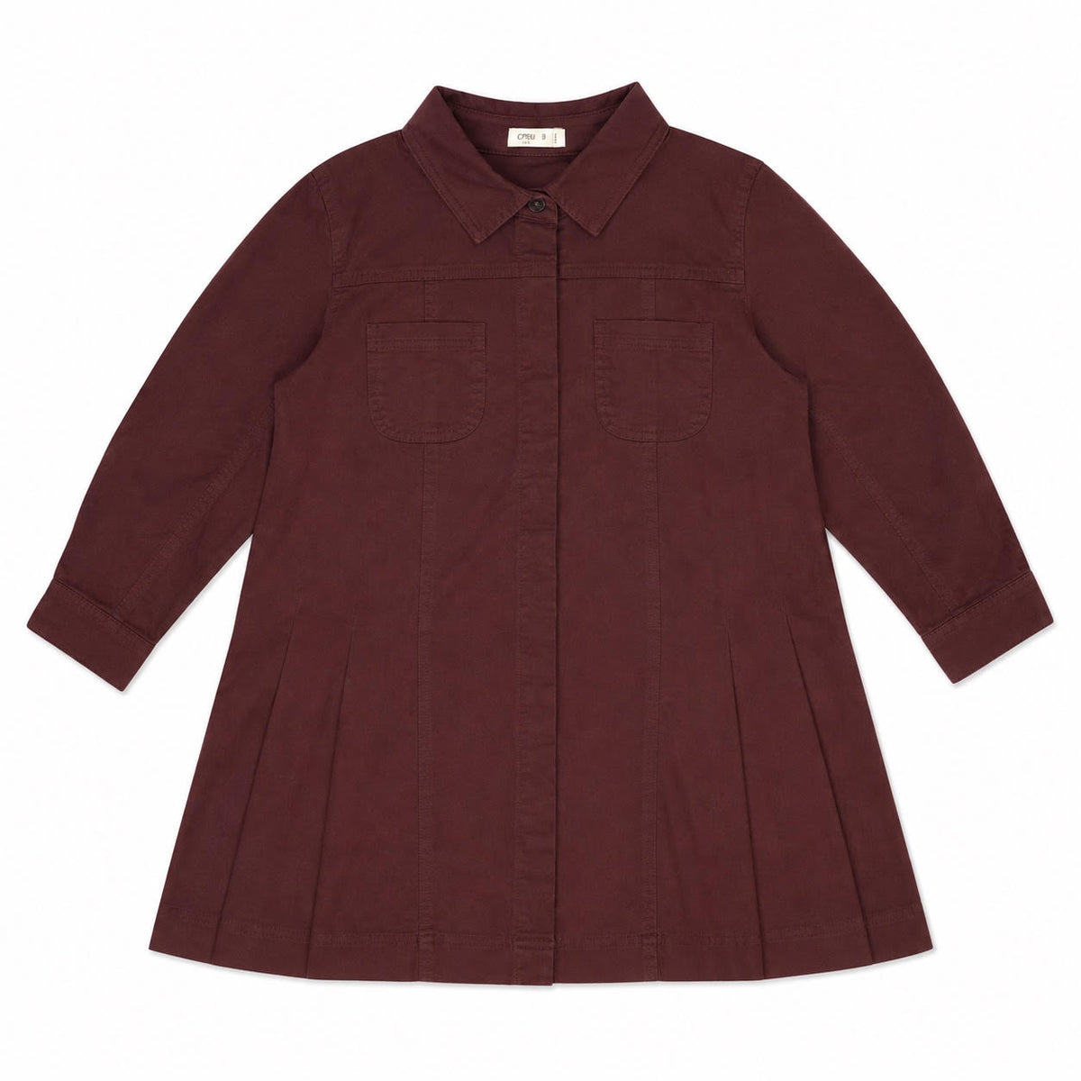 Maroon denim dress with snap front closure and a matching removable belt at the waist