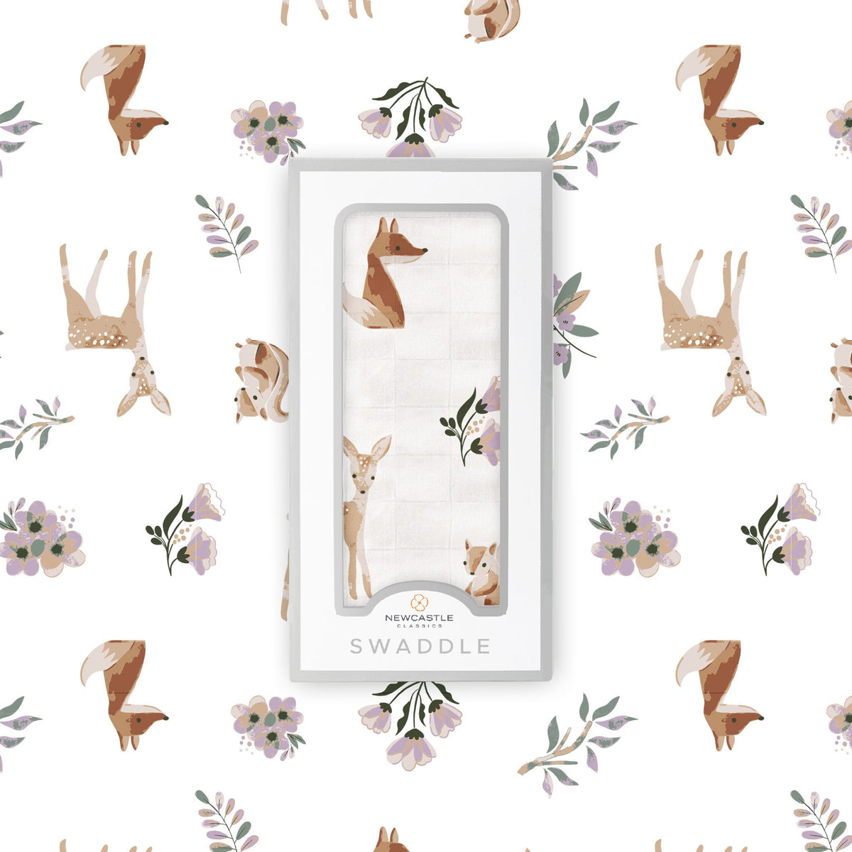Soft Sierra Fox and Deer baby swaddle by Newcastle Classics.