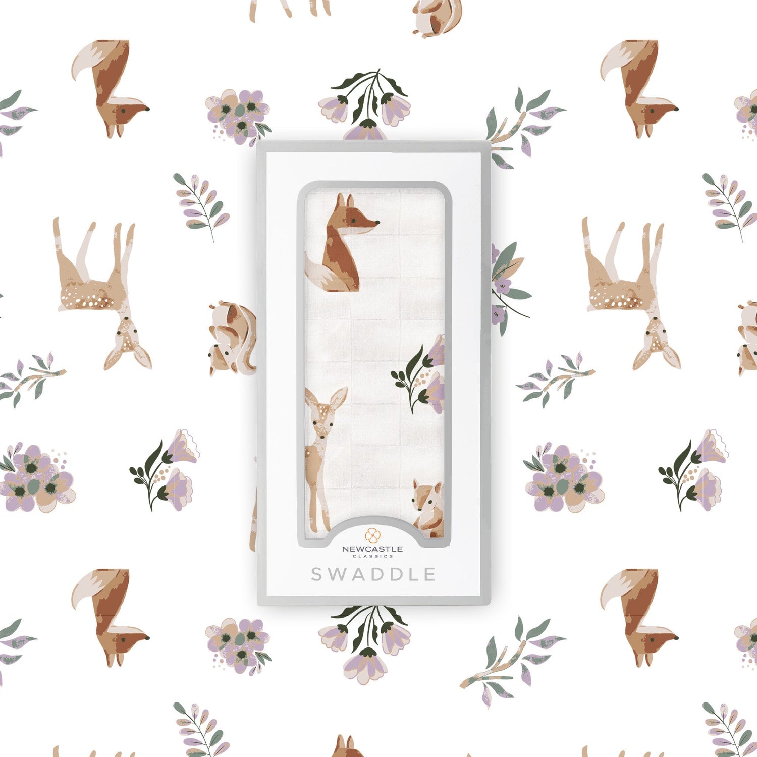 Soft Sierra Fox and Deer baby swaddle by Newcastle Classics.