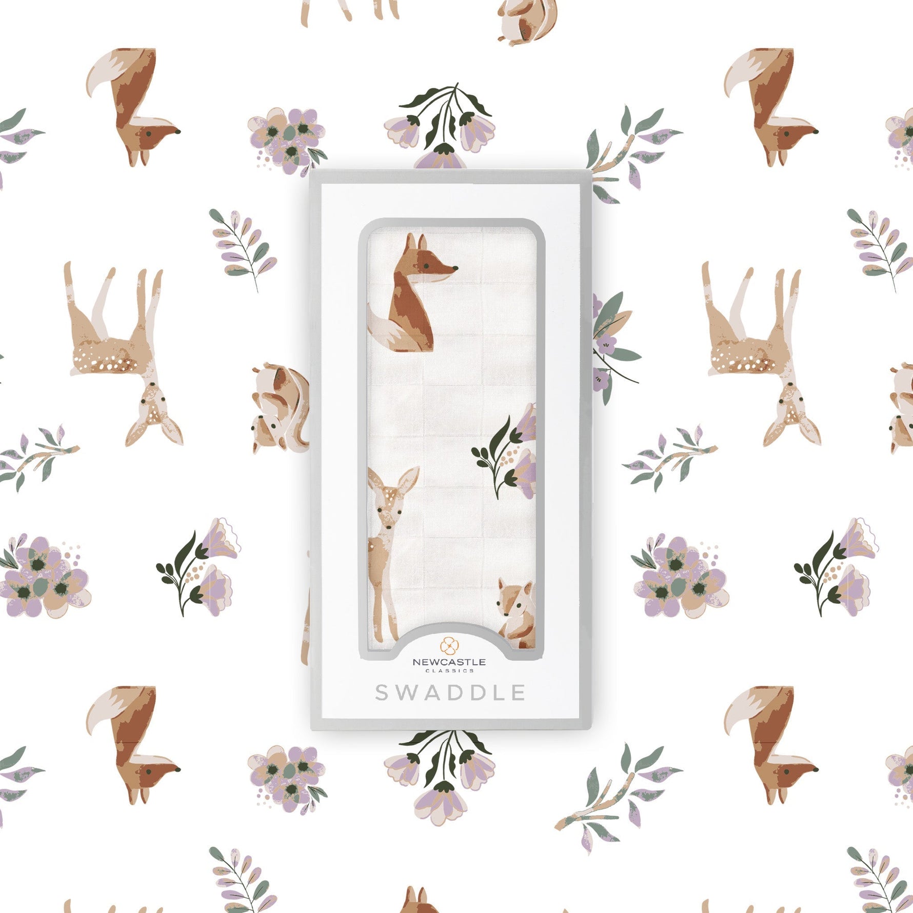 Soft Sierra Fox and Deer baby swaddle by Newcastle Classics.