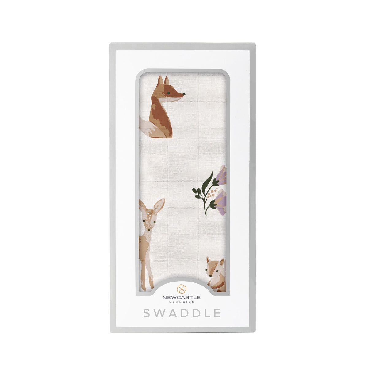 Cotton muslin swaddle blanket printed with a fox and deer woodland pattern in soft neutral tones