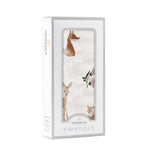 Newcastle Classics Sierra Fox and Deer Swaddle. Organic baby blanket with woodland animals.