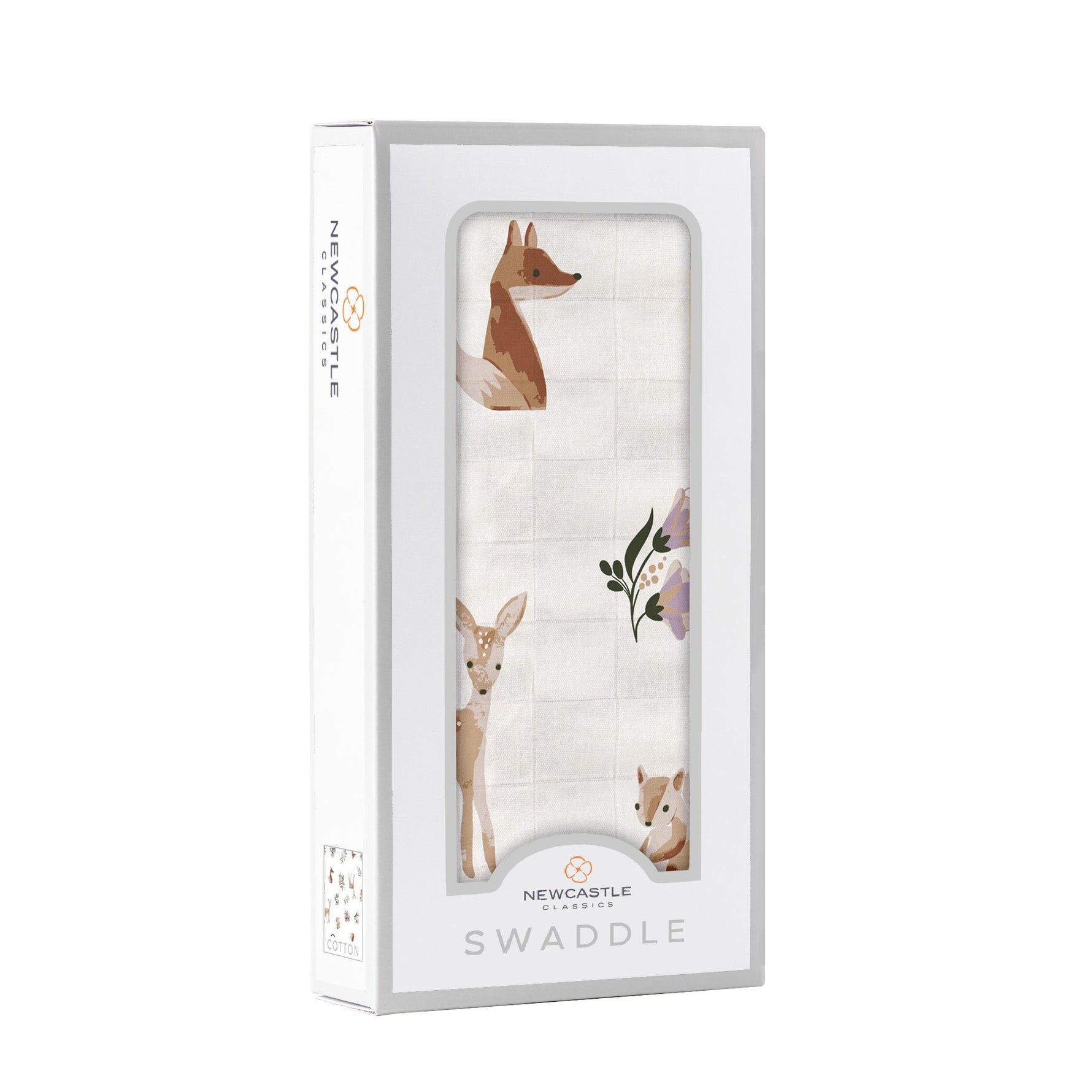 Newcastle Classics Sierra Fox and Deer Swaddle. Organic baby blanket with woodland animals.