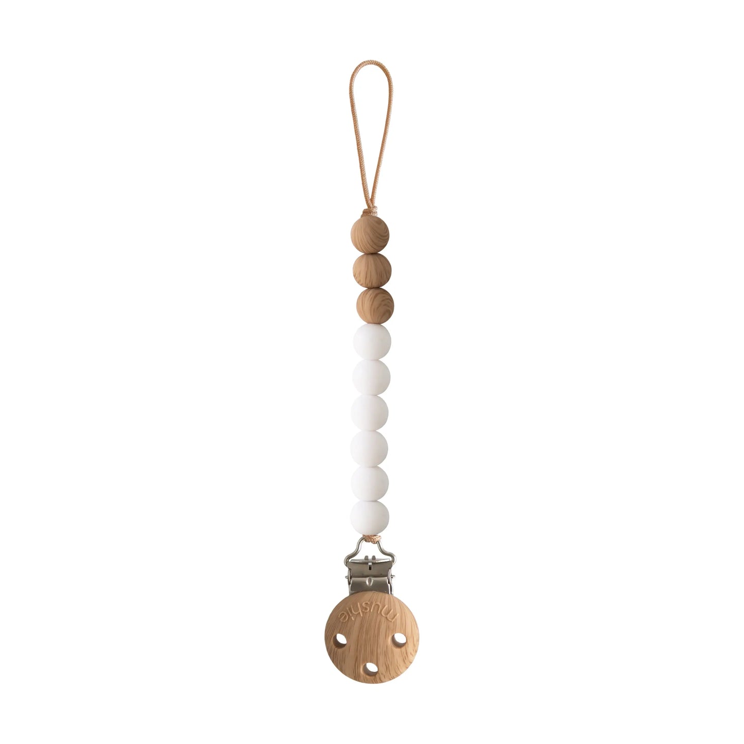 Silicone Pacifier Clip Eva with Faux Wood Clasp and Colorful Beads Mushie Everetts Place: Online Boutique 14.99
