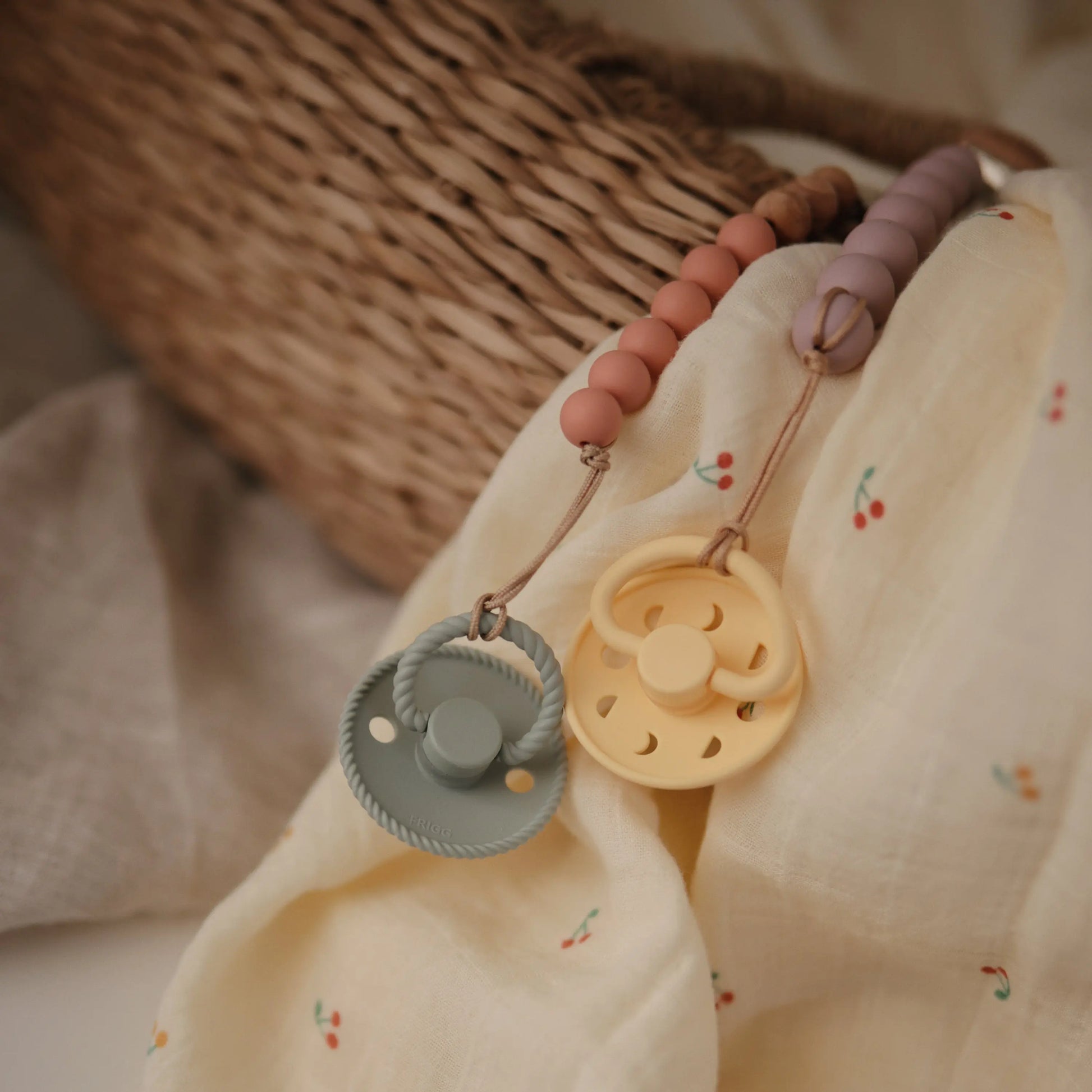 Silicone Pacifier Clip Eva with Faux Wood Clasp and Colorful Beads Mushie Everetts Place: Online Boutique