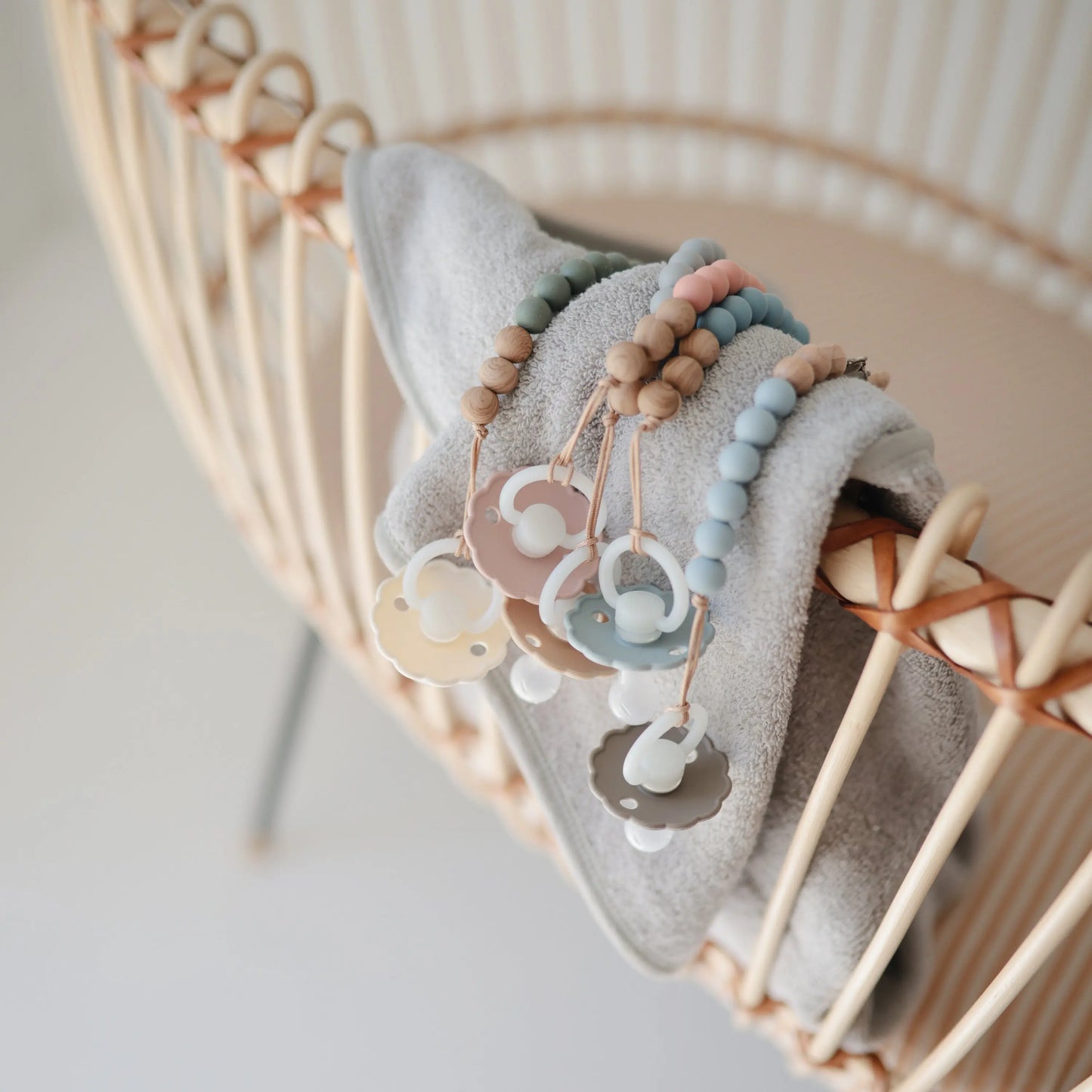 Silicone Pacifier Clip Eva with Faux Wood Clasp and Colorful Beads Mushie Everetts Place: Online Boutique