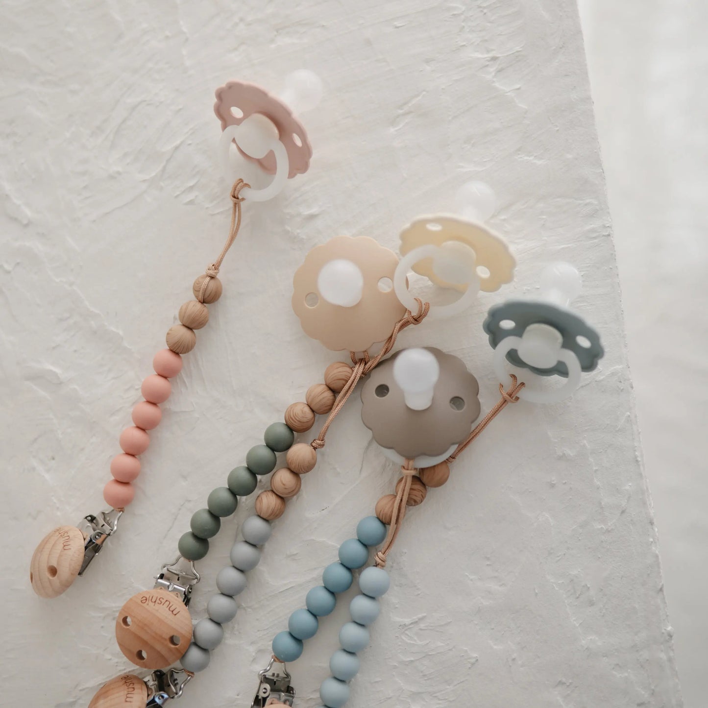Silicone Pacifier Clip Eva with Faux Wood Clasp and Colorful Beads Mushie Everetts Place: Online Boutique