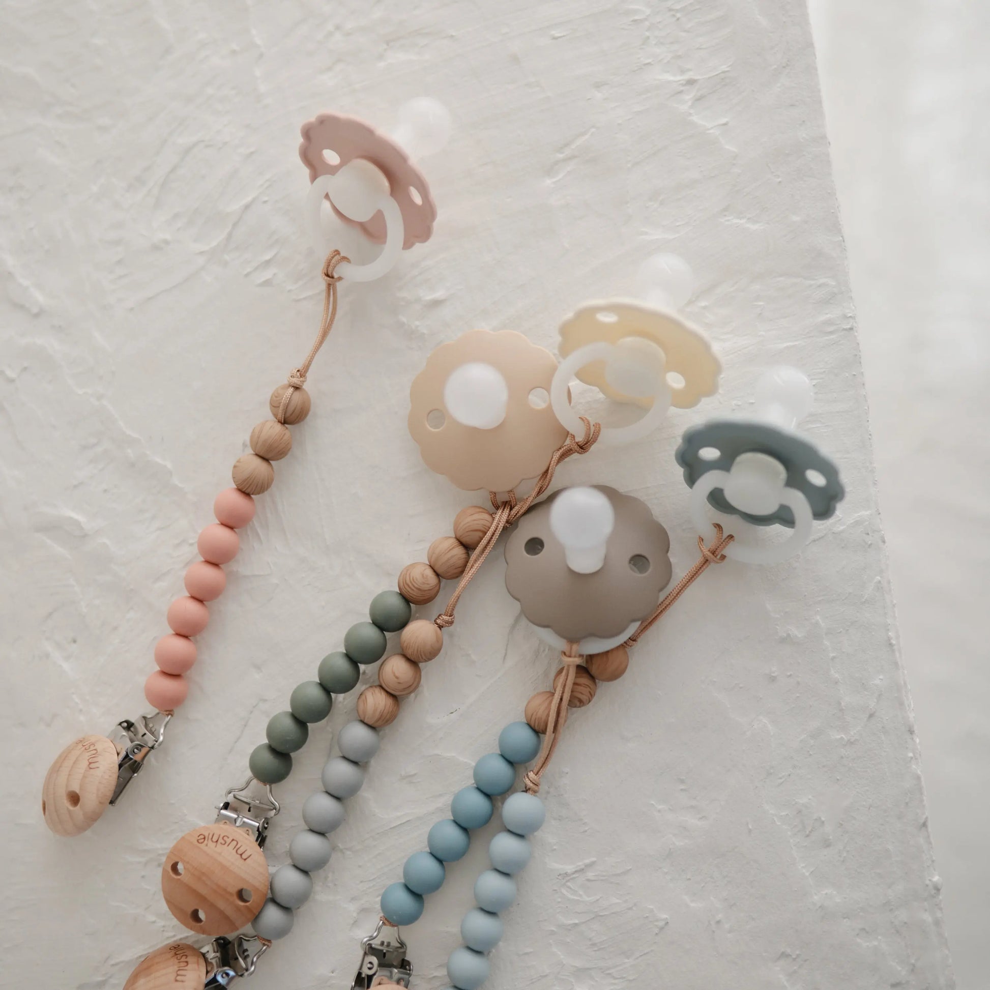 Silicone Pacifier Clip Eva with Faux Wood Clasp and Colorful Beads Mushie Everetts Place: Online Boutique