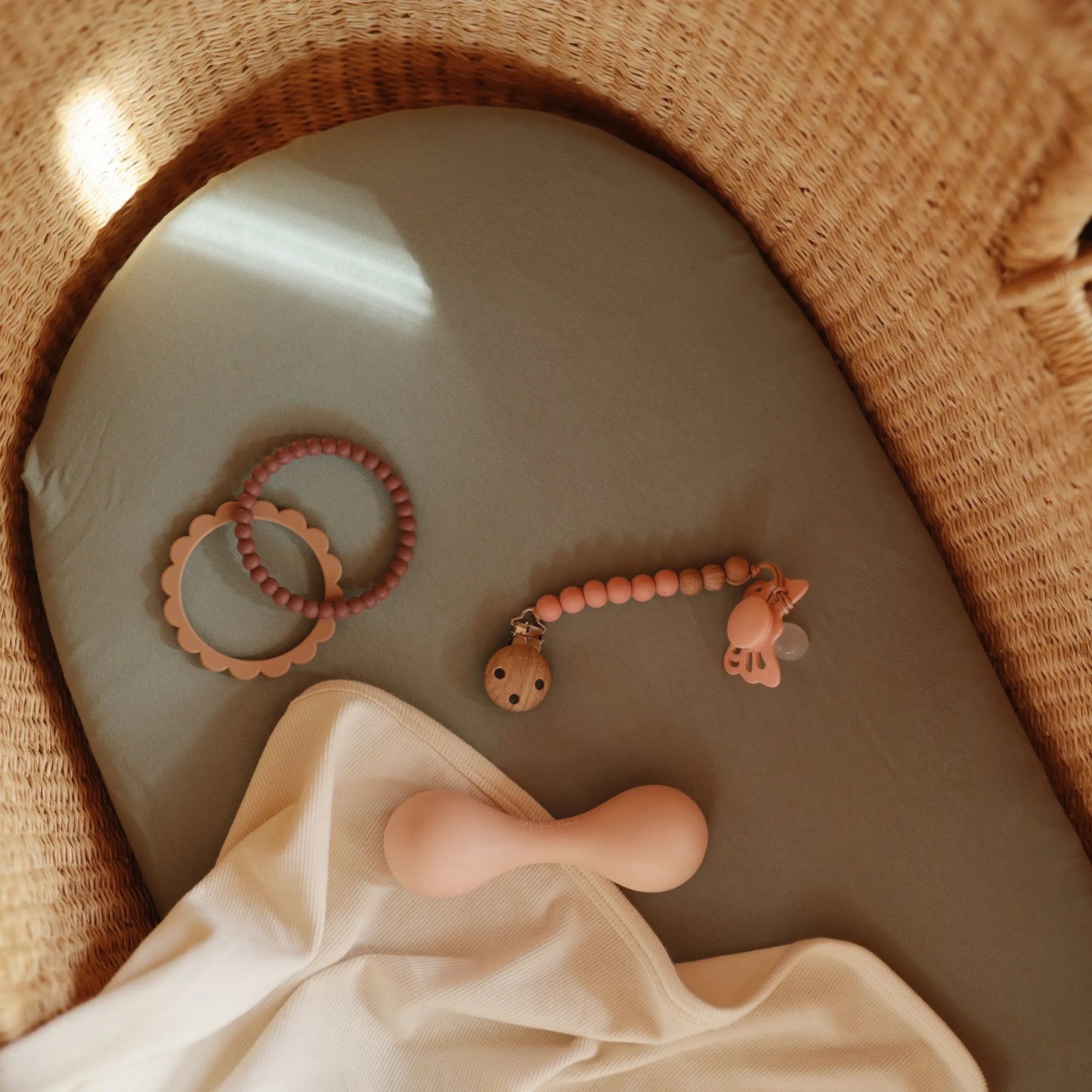 Silicone Pacifier Clip Eva with Faux Wood Clasp and Colorful Beads Mushie Everetts Place: Online Boutique